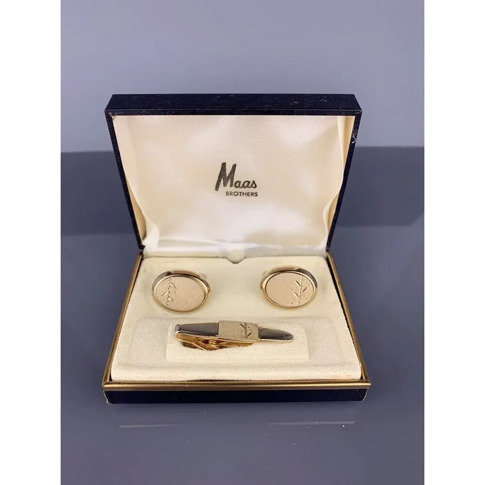 Vine Bamboo Gold Plated Cufflinks Tie Clip Etched Leaves Swank Vintage NOS